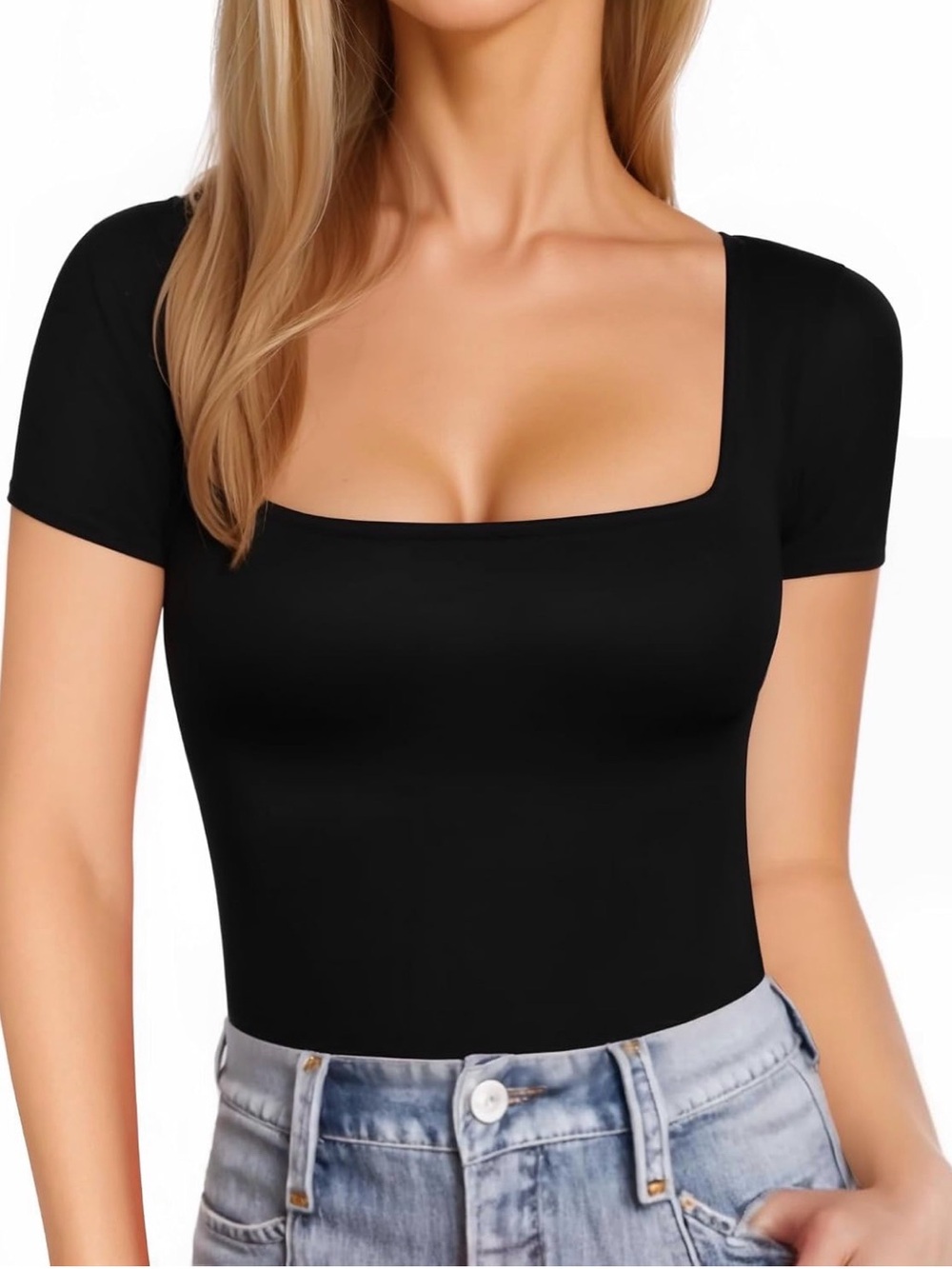 MANGOPOP Women's Square Neck Bodysuit Shirt Short Sleeve Top Size XL